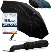 Zwarte opvouwbare paraplu met keurmerk '95/100 VERY GOOD'. Op de achtergrond de paraplu in zwart, grijs, donkerblauw en groen.