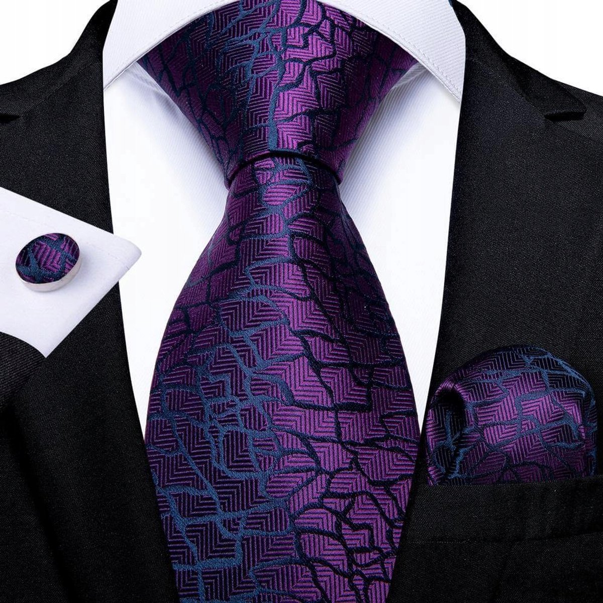 Zijden Jacquard Set: Knoop, Manchetknopen & Pochet
