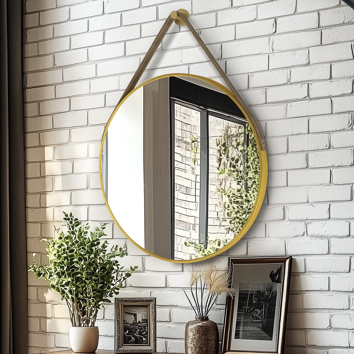 Artloge Ronde Gouden Spiegel - 80cm Wandspiegel met Leren Hangriem - Aluminium Frame - Badkamerspiegel, Vanity Spiegel voor Hal, Slaapkamer, Woonkamer