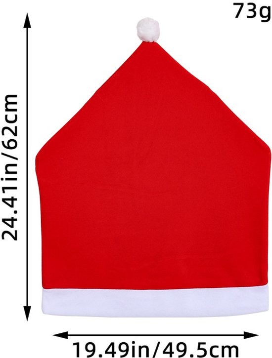 Rode kerstmuts stoelhoes met afmetingen 49,5cm breed en 62cm hoog, gewicht 73g.