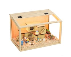 BingoPaw Houten Hamsterkooi met Transparant Gehard Glas, LED Verlichting, Scharnierend Deksel, Knaagdierenkooi voor Hamsters Dwerghamsters Muizen, 60 x 40 x 40 cm Natuurlijk Hout