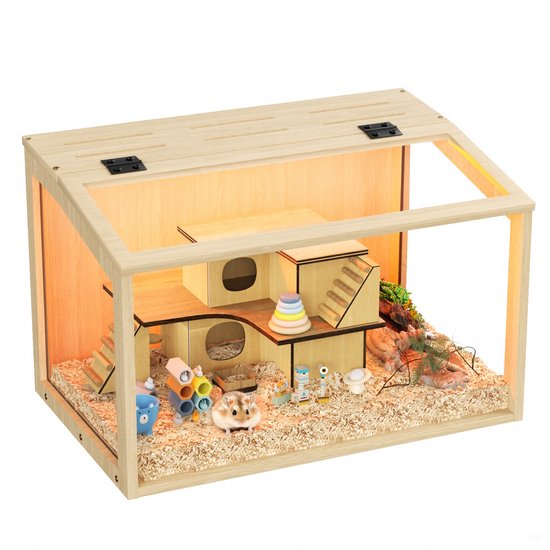 BingoPaw Houten Hamsterkooi met Transparant Gehard Glas, LED Verlichting, Scharnierend Deksel, Knaagdierenkooi voor Hamsters Dwerghamsters Muizen, 60 x 40 x 40 cm Natuurlijk Hout