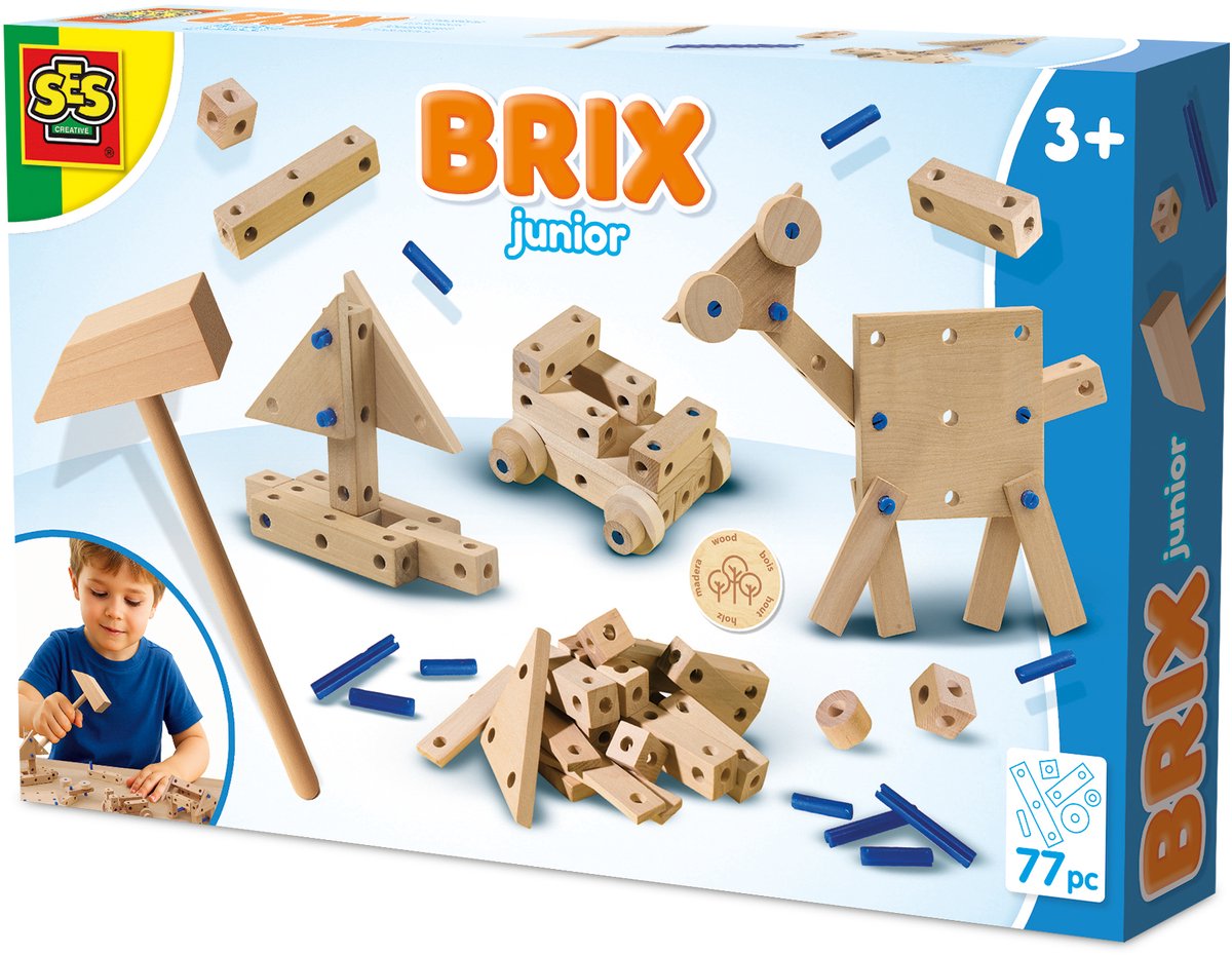 SES Creative - BRIX Junior - Creations - Bouwset - Hout Knutselset - Houten Speelgoed - Montessori speelgoed – Verschillende Houtvormen met Verbindingspinnetjes – Made in Holland - Vanaf 3 Jaar