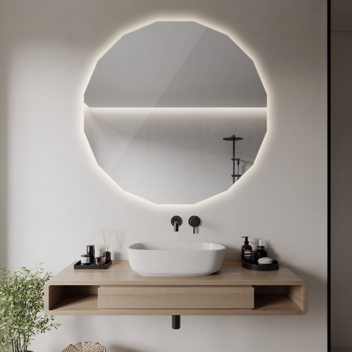 Coloray Geometrische LED Spiegel - Wielhoekige LED Spiegel - 100 cm x 100 cm - Badkamerspiegel Wielhoekig LED - Trendy Spiegel Vorm LED - Neutraal Licht - LED Spiegel Symmetrische Vorm - Design Spiegel Geometrisch LED Neutraal Wit