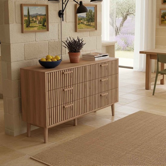 Commode Japandi 100 cm de large - ADFBL - Commode à 6 tiroirs - Design aspect bois côtelé - Style scandinave - Pieds en bois Massief - Fermeture amortie - Pour chambre