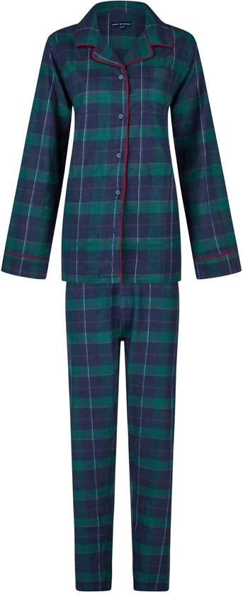 Happy Shorts Dames Kerst Pyjama Set Shirt + Broek Blauw/Groen Geruit Flanel - Maat S