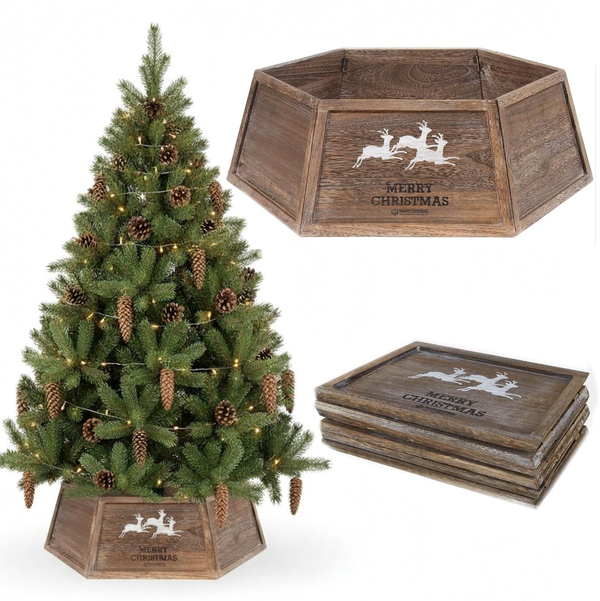 COIL Kerstboomrok, Kerstboomdeken, Kerstboomhoes, Kerstboomstandaard, Kerstboommand, Ovaal, Dennenhout, Bruin, Diameter: 66 cm