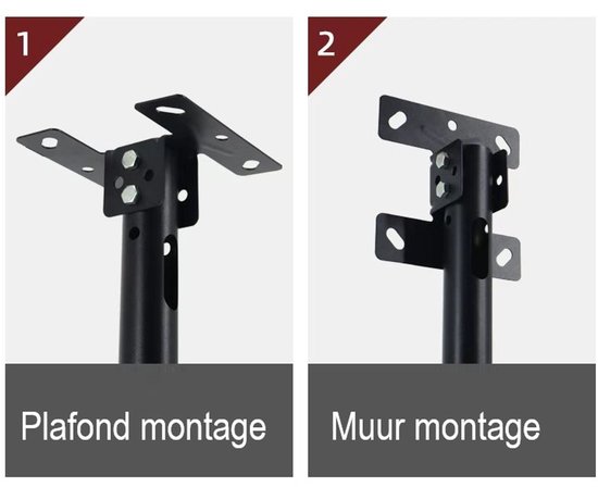 Twee zwarte TV-beugels. Links: plafondmontage. Rechts: muurmontage.