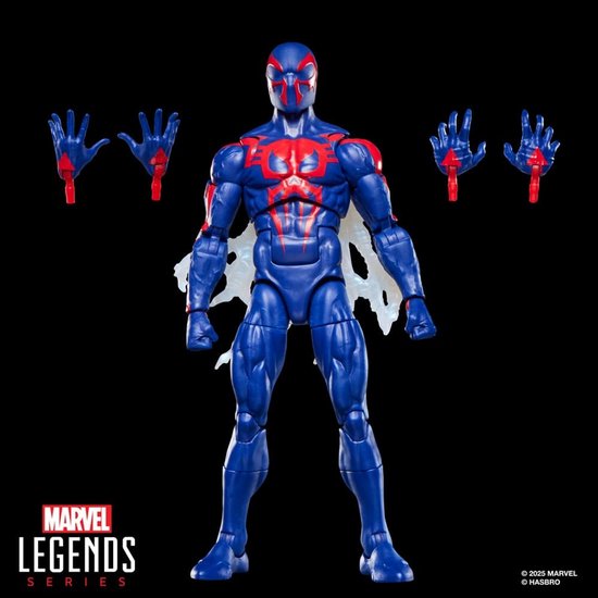Spider-Man 2099 actiefiguur in blauw met rode accenten en witte cape, met extra handen.