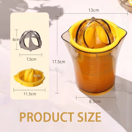 Citroenpers - Handmatige sapcentrifuge - Handmatige citruspers - Twee sapkoppen - Dubbele sapuitlaten - 600 ml - Snel en efficiënt persen - Antislipvoet - Geschikt voor het persen van citroenen en sinaasappels - Geel van Merkloos — afbeelding 2
