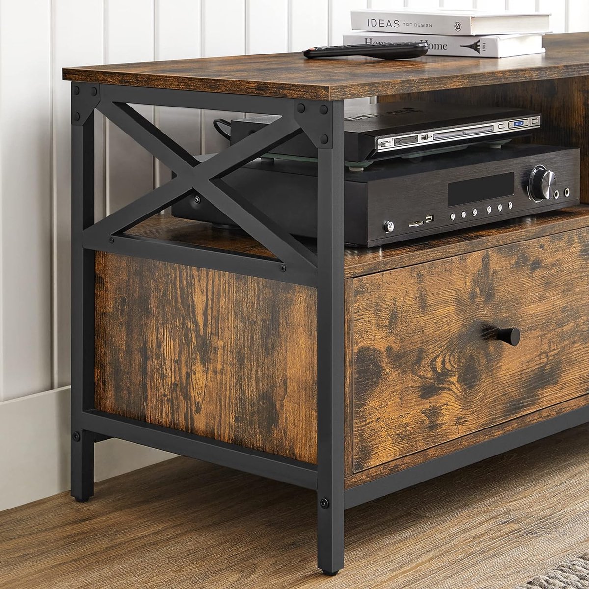Industriële Tv-kast met Laden en Open Vakken 120 cm – Vintage Bruin Zwart Televisiemeubel voor 55 inch – Stalen Frame, Robuust Lowboard Woonkamer – Altameubel