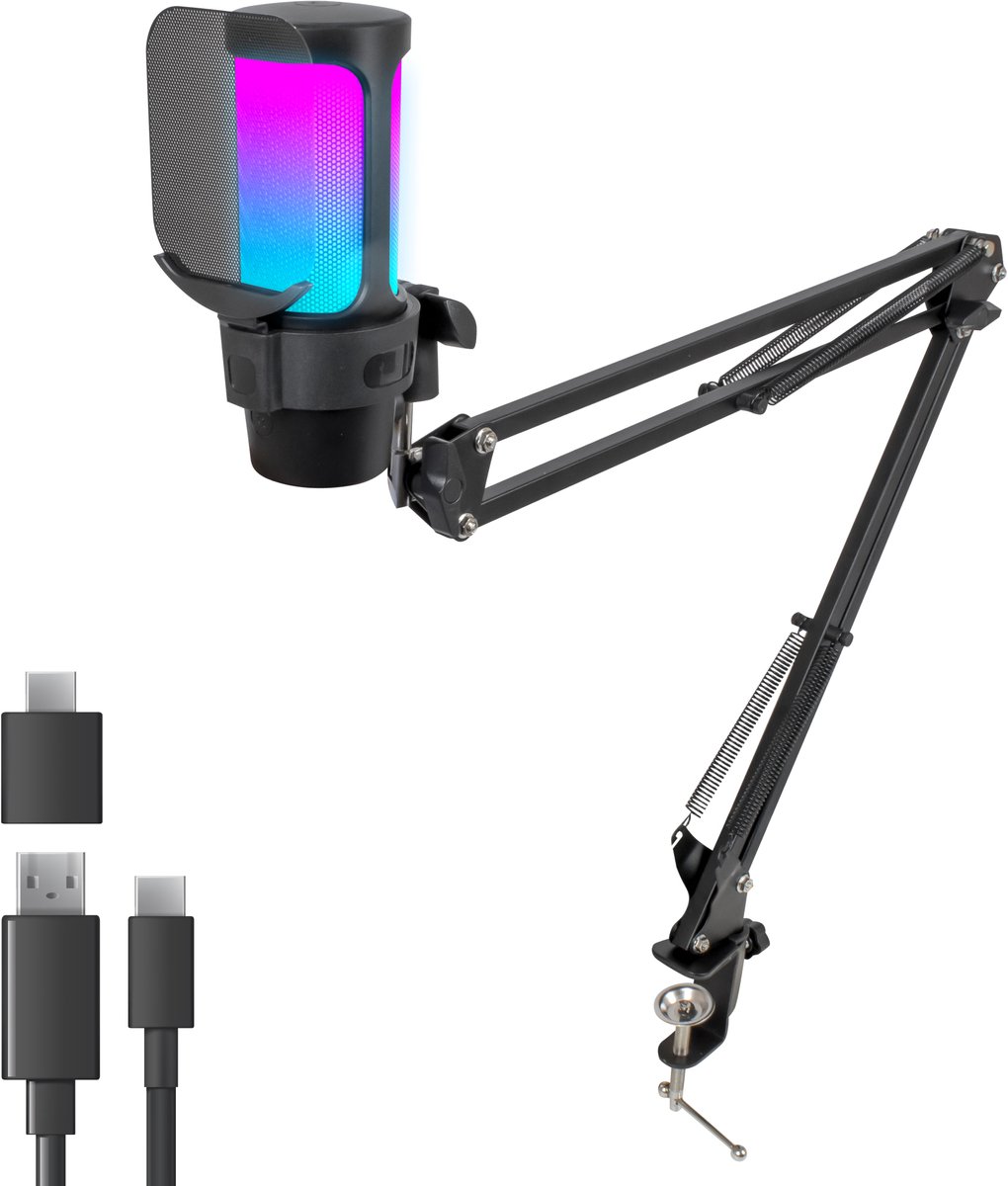 Nuvance - USB Microfoon met Arm - voor PC en Gaming Microfoon - met Ruisfilter - Inclusief USB-C Converter - Streaming Microphone - RGB