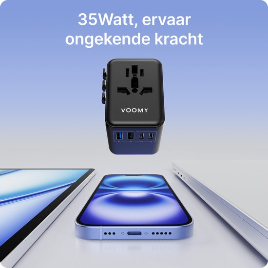 Voomy Universele Wereldstekker - 200+ landen - 35W Snellader - 3 USB-C & 2 USB-A Poorten - Reisstekker voor: Amerika (USA), Engeland (UK), Australië, Zuid Amerika, Afrika, Italië, Thailand - Zwart