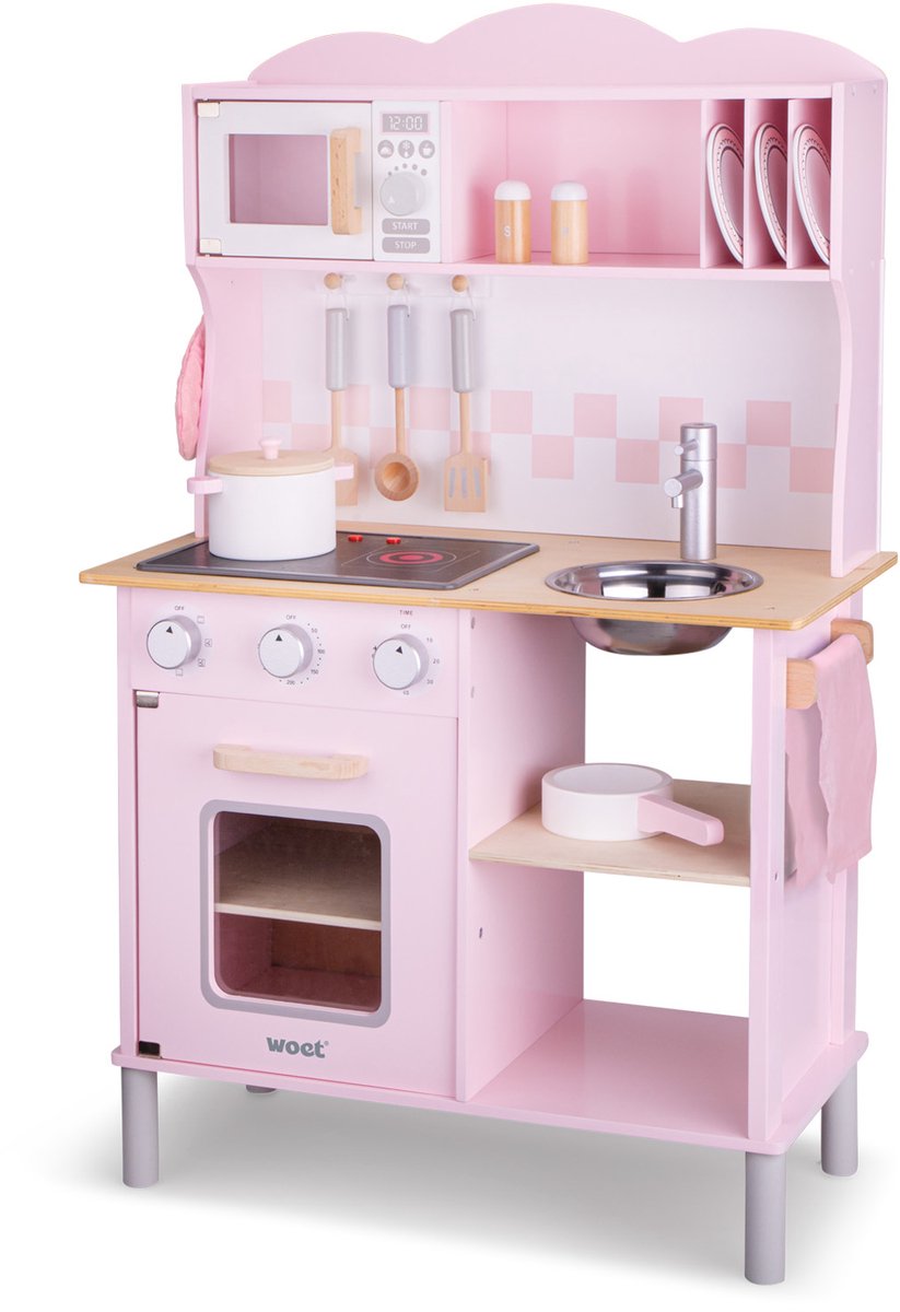 Woet® Houten Speelgoed Kinderkeuken - Speelkeukentje met Kookplaat met Licht en Geluid - Speelkeuken Roze met Diverse Accessoires - Werkbladhoogte 55 cm - Rollenspel - Vanaf 3 Jaar — afbeelding 2