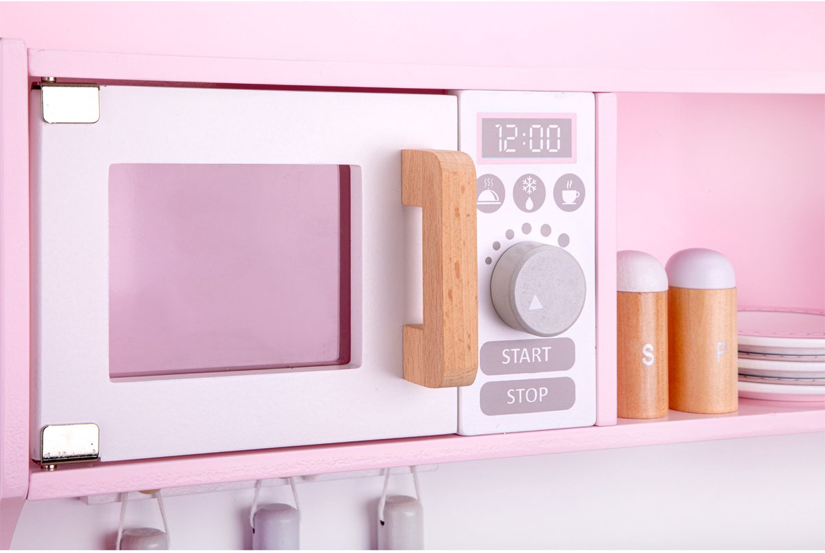 Woet® Houten Speelgoed Kinderkeuken - Speelkeukentje met Kookplaat met Licht en Geluid - Speelkeuken Roze met Diverse Accessoires - Werkbladhoogte 55 cm - Rollenspel - Vanaf 3 Jaar — afbeelding 6