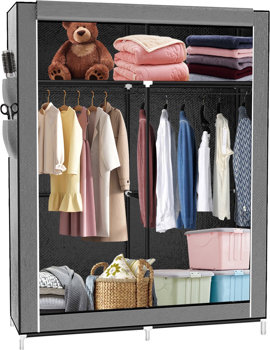 PIPIPOXER-Opvouwbare kledingkast met kledingstang, stoffen kledingkast, 108*45*170cm, Grijs