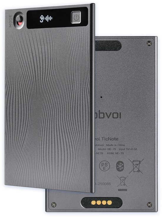 Mobvoi TicNote AI Spraakrecorder - AI Voice Recorder - Shadow AI Assistent - Live Transcriptie & Vertaling - 64GB - 120+ Talen - Grijs
