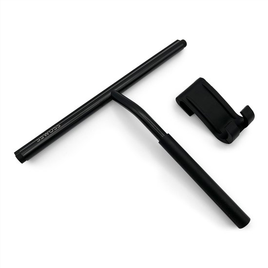Raclette de douche noire et crochet de suspension sswoss sur fond blanc.