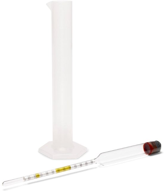 Glazen maatcilinder met schaalverdeling en een hydrometer met rode dop.