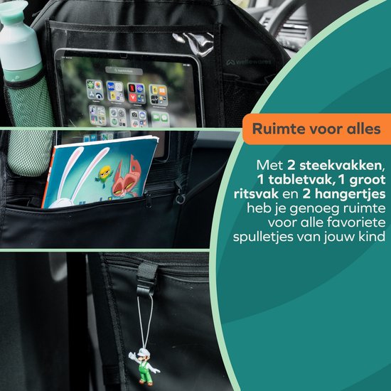 Wellewares - Autostoel Organizer - Voor Kinderen - Met stootbescherming en Tabletvak - Zwart