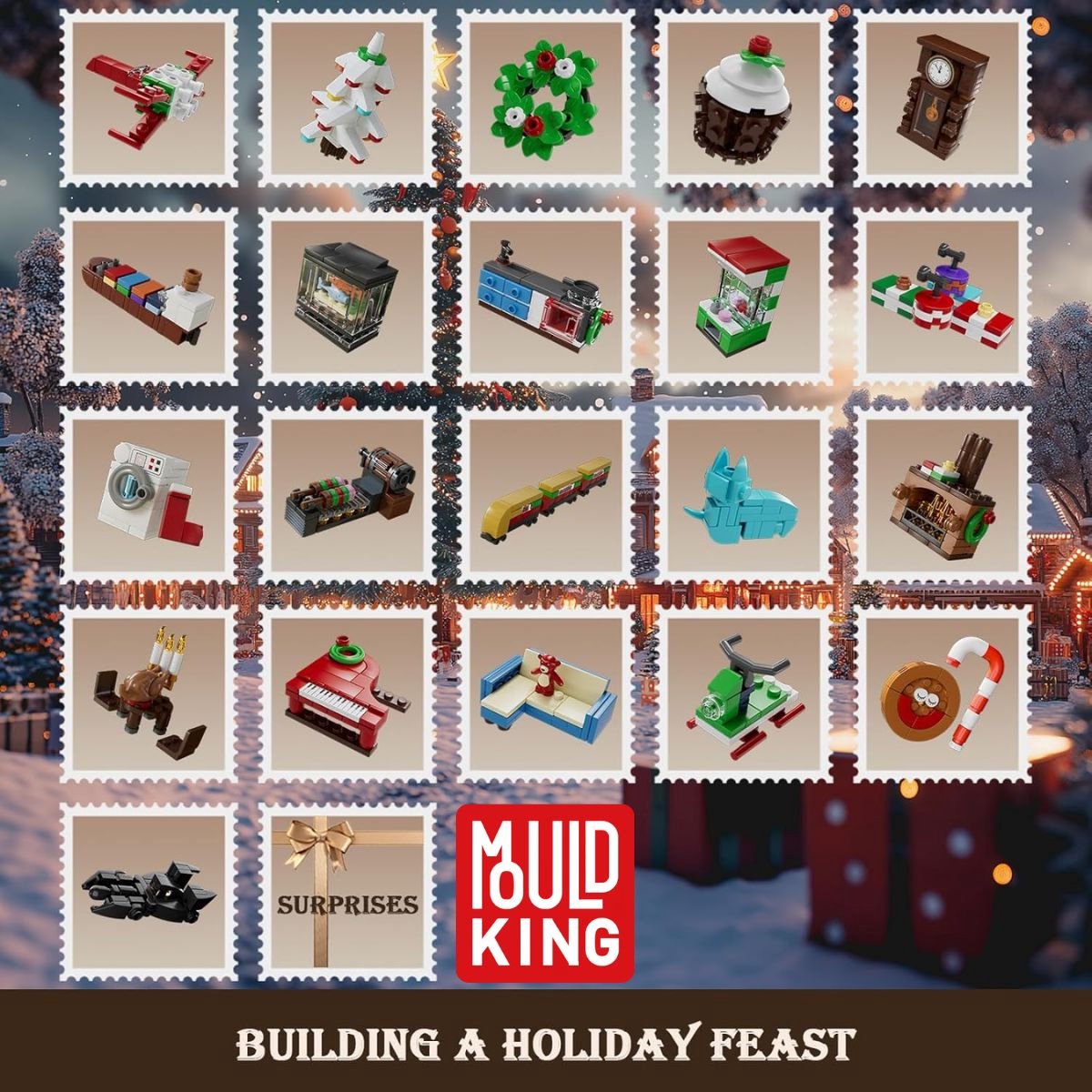 Mould King Kerst adventskalender #2 24-delig 2025 - 2026 aftelkalender bouwset | Incl. mini kerstversiering / decoratie | Creator classic bouwpakket geschikt voor lego | Educatief speelgoed ideas voor volwassenen & kinderen | 725 bouwstenen — afbeelding 3