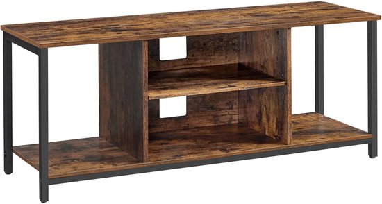 Tv-meubel met een houtlook in donkerbruin, zwart metalen frame, 2 open vakken aan de zijkanten en 2 open vakken in het midden met 2 legplanken.