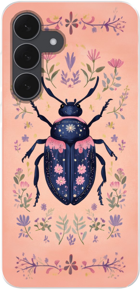 Telefoonhoesje Geschikt voor Samsung Galaxy S25 FE hoesje - Kever - Donkerblauw - Bloemen - Sierlijk - Siliconen Telefoonhoesje Telefoonhoesje
