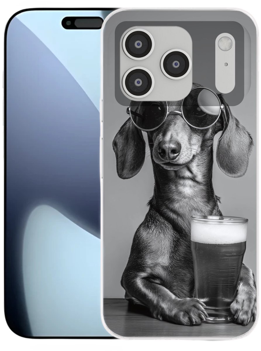 Telefoonhoesje Geschikt voor iPhone 17 Pro hoesje - Teckel - Bier - Glas - Bril - Siliconen Telefoonhoesje Telefoonhoesje