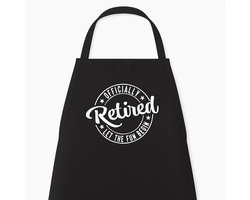 Go Mama - Keukenschort “Officially retired, let the fun begin” – Humor kookschort – One Size – Verstelbaar – Pensioen cadeau voor hem of haar