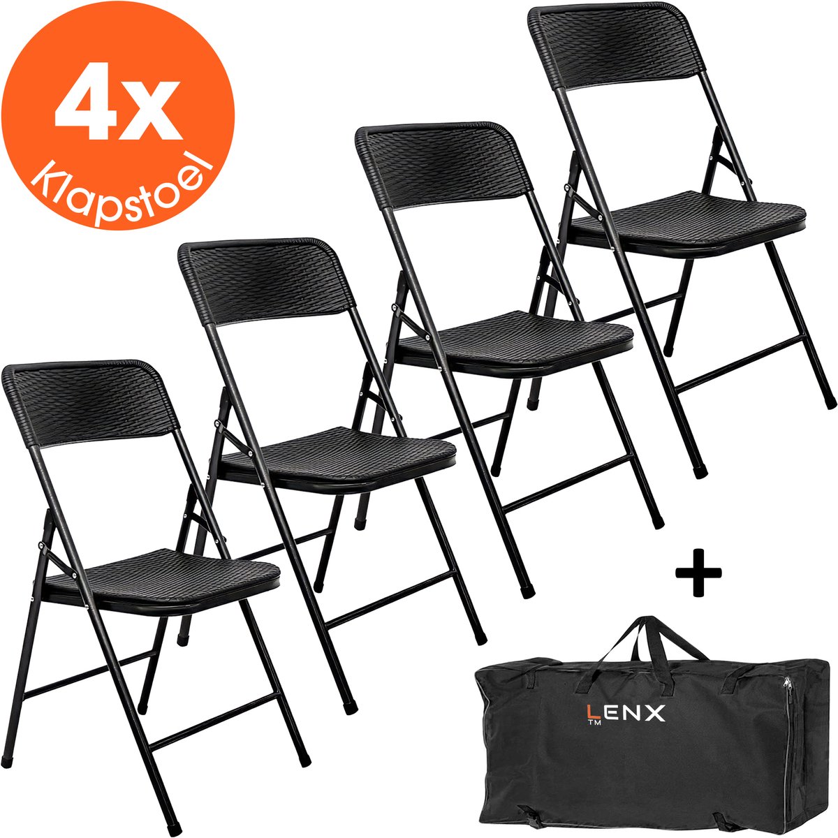 Lenx 4 Delige Klapstoelenset – Inclusief Stoelentas - Vouwstoelenset - Zware Kwaliteit - Weersbestending - Rattan design - Zwart