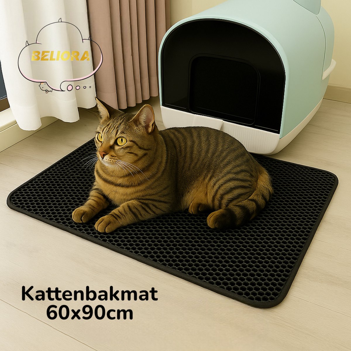 BELIORA XXL Kattenbakmat - 60x90 cm - Kattenbakmat Grit Op-vanger - Dubbel laags - Urine En Waterdicht EVA-Materiaal - Beschermt Vloer En Tapijt – Kattenverzorging – Kattenbak Accessoires - Kat Benodigdheden - Gemakkelijk Te Reinigen - Zwart van Beliora