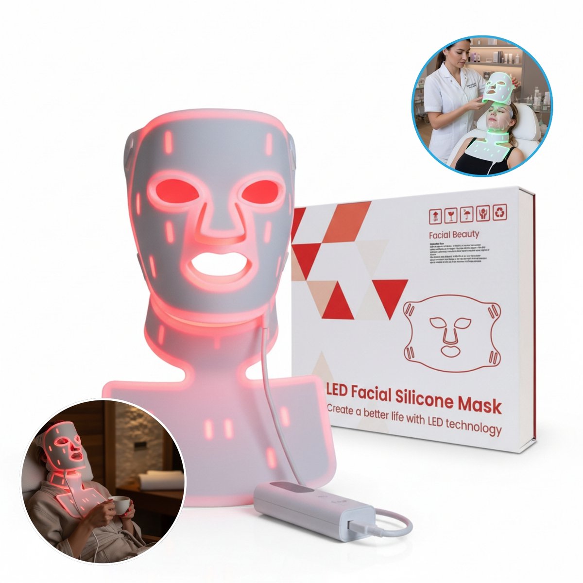 Premium LED Lichttherapie Set van Medische Kwaliteit – Gezichtsmasker & Halsmasker – 7 Lichtmodi – Voor Thuis en Professioneel Gebruik