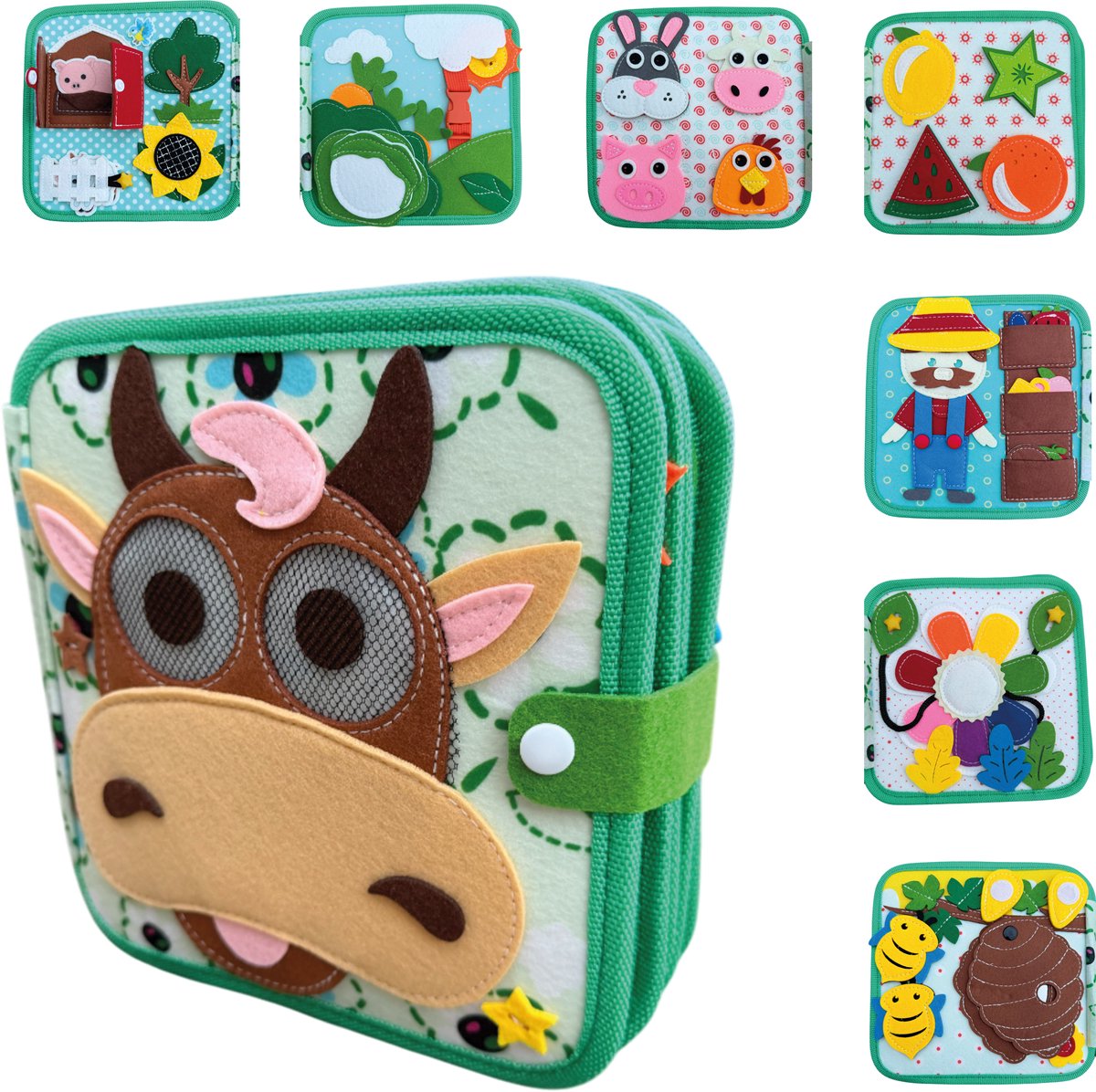 Femur – Koe – Speelboek – Vilten – Dieren - Boerderij - Montessori – Sensomotorisch - Busy Board - Vilt