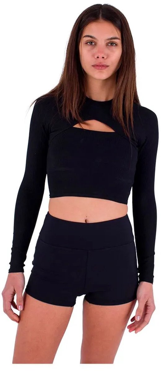 Hurley Max Solid Rib Cropped Cross Yoke Dames Rash Guard Met Lange Mouwen Vrouw Zwart