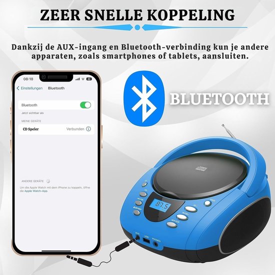 SNJY® CD Speler - Muziekspeler Bluetooth - Draagbare Radio CD Speler - Blauw — afbeelding 4