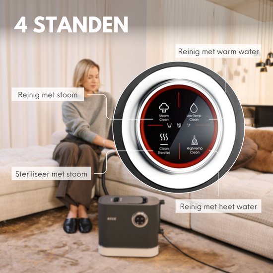 Vrouw zit op bank naast grijze RYER stoomreiniger, met cirkel die vier standen aangeeft: reinigen met warm/heet water, stoom reinigen/steriliseren.
