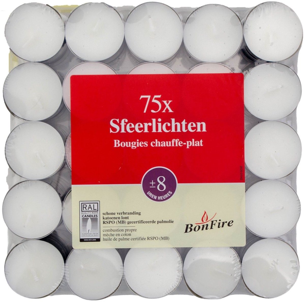 Theelichten met cup 8 Branduren Bonfire - 75 stuks