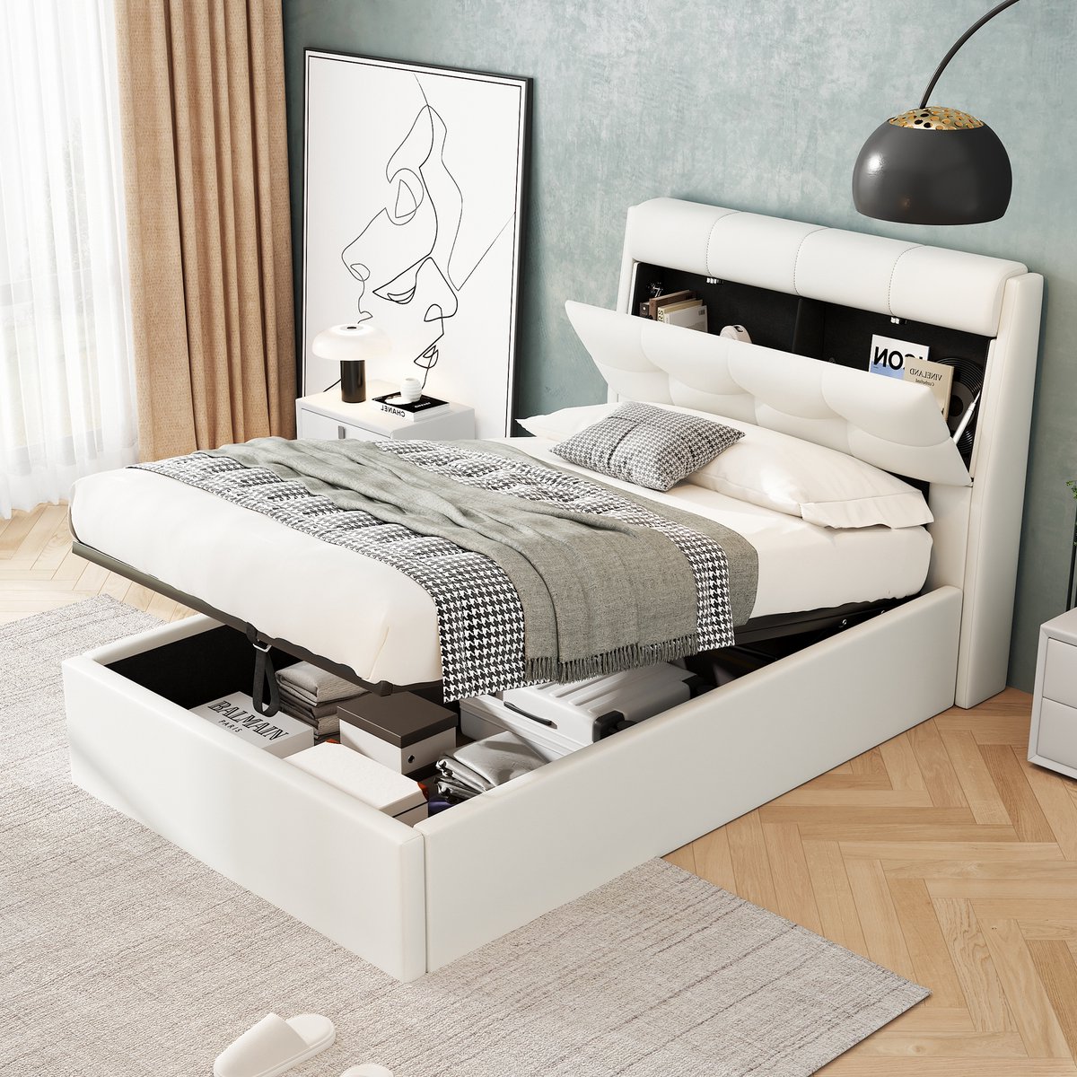 Bed 90x200 - Hydraulisch Frame - Lattenbodem - PU-materiaal - Verborgen Opbergruimte - Modern Design - Max. Belastbaarheid 120 kg - Comfortabel en Duurzaam - Eenvoudig te Gebruiken