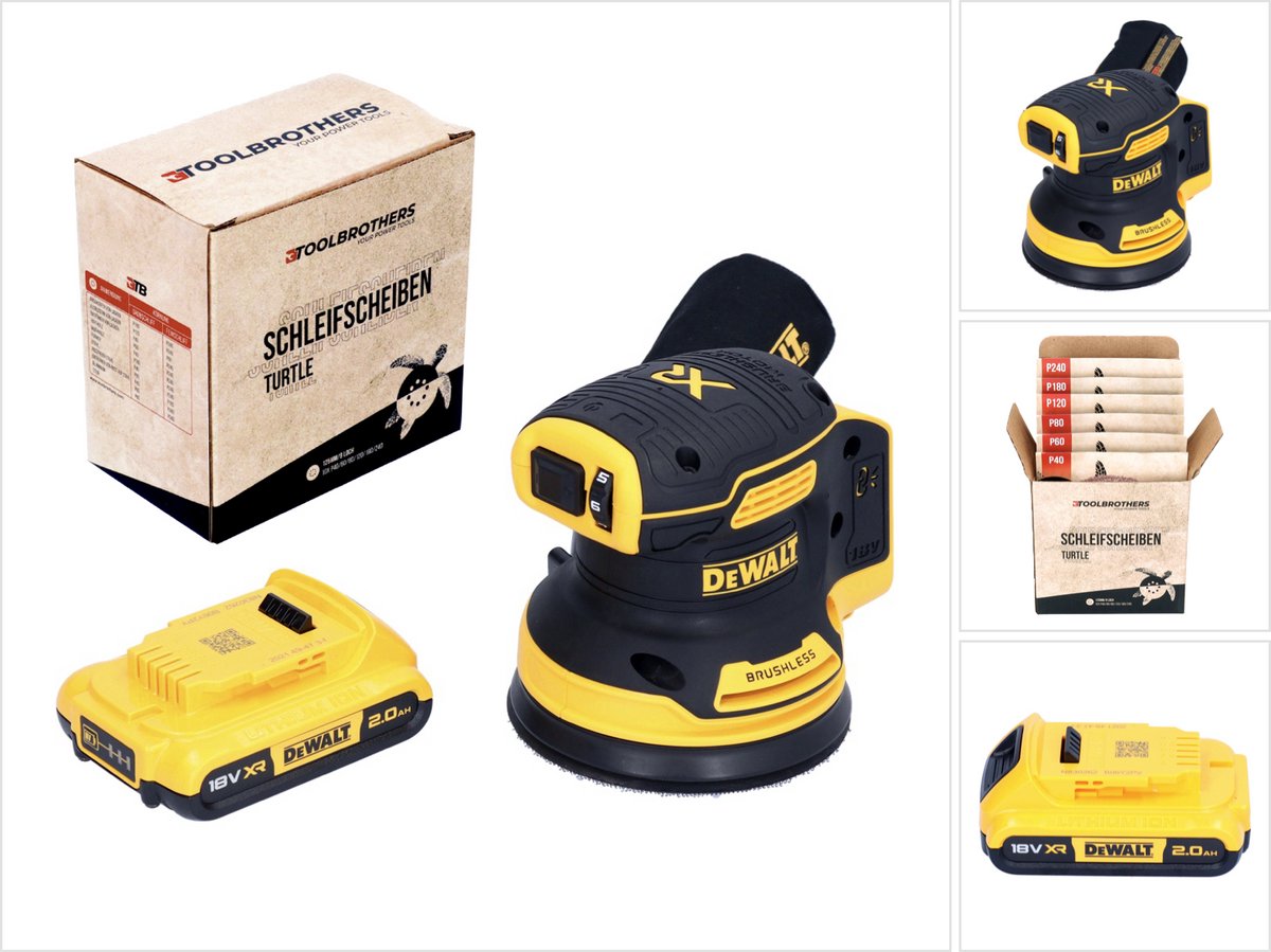 DeWalt DCW 210 N accu excenterschuurmachine 18 V 125 mm borstelloos + 1x oplaadbare accu 2.0 Ah + 1x Toolbrothers TURTLE schuurschijvenset - zonder lader