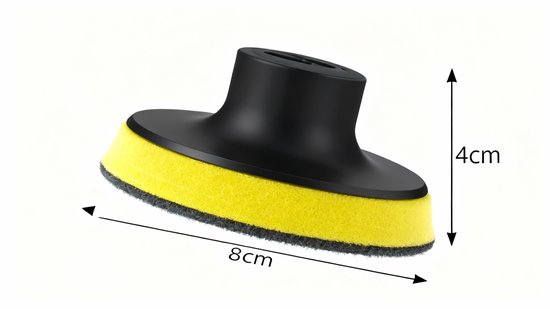 Ronde polijstschijf met zwarte schacht en gele sponslaag, 8cm breed en 4cm hoog.