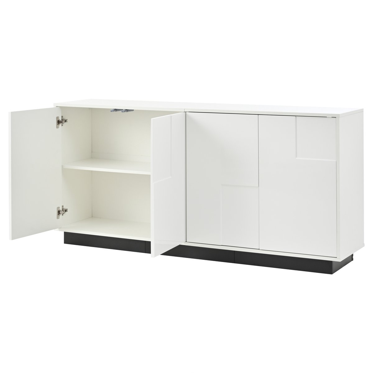 Dressoir voor de woonkamer, 160 x 37 x 75,5 cm, met 4 deuren. Hoogglans kast, onderkast met geometrische vorm, ladekast met veel opbergruimte, kleurstelling in wit en zwart, 160 cm breed.