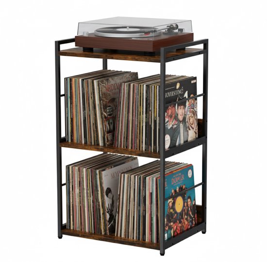 Bruin-zwarte platenkast met platenspeler, gevuld met platen.