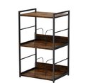 Lege bruin-zwarte platenkast met drie planken en metalen frame.