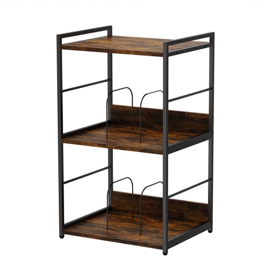 Lege bruin-zwarte platenkast met drie planken en metalen frame.