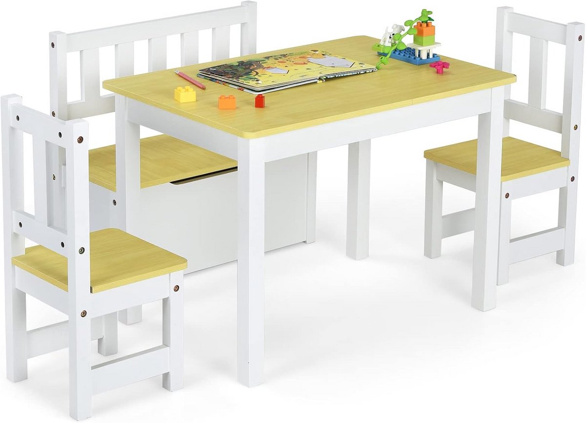 Houten Kindertafel met Stoelen en Opbergbank - 4-Delige Zithoek voor Kinderen