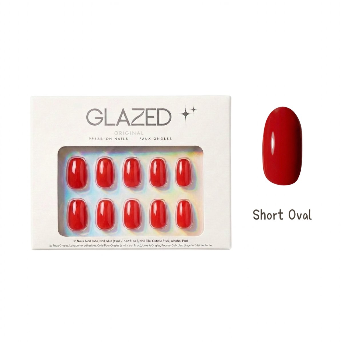 Glazed Original - Press On Nails - Bright Red - Short Oval - 30 Nagels