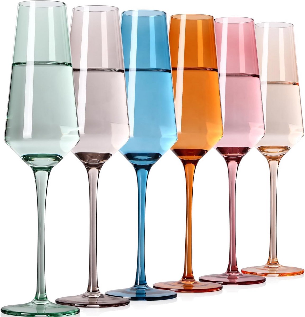 Set van 6 Gekleurde Champagneglazen 240ml - Handgeblazen Kristal Wijnglazen