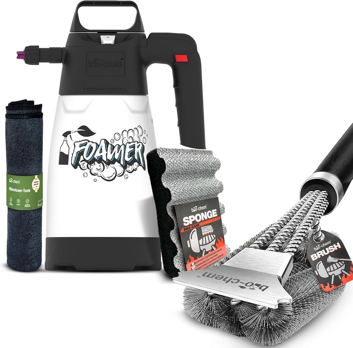 5-delige BBQ Schoonmaakset: Grillborstel met Schraper, 2x Grillspons en Microvezeldoeken
