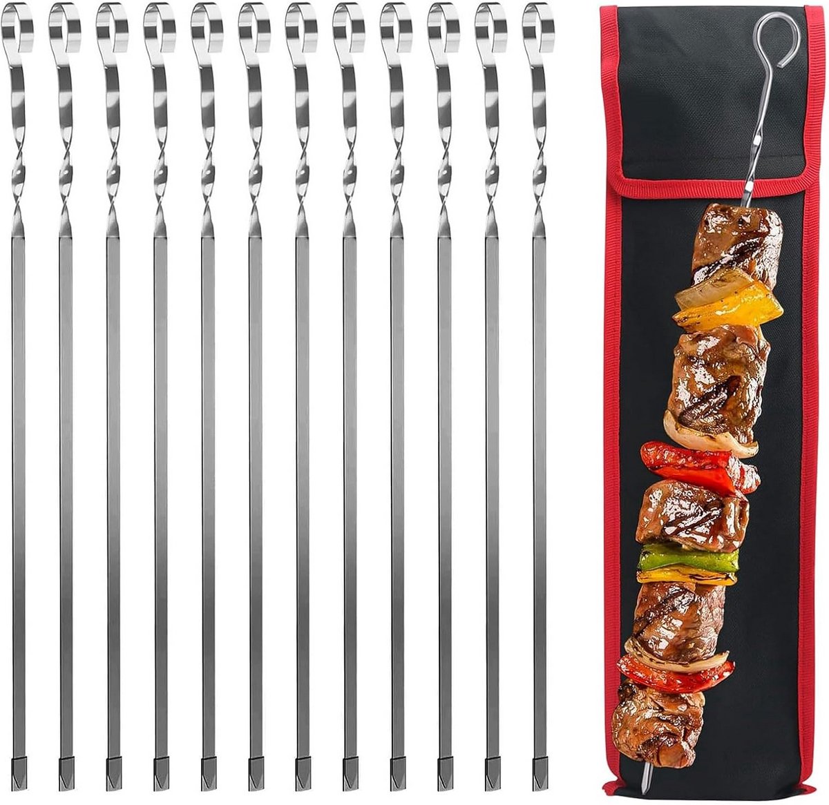 12x Platte RVS Grillspiesen 36 cm - BBQ Vleesspiesen voor Shashlik en Grillworst