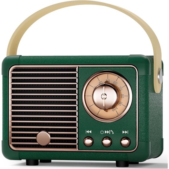 Bluetooth mini luidspreker draagbaar retro design met bas, Bluetooth 5.0, microfoon, USB, AUX, groen